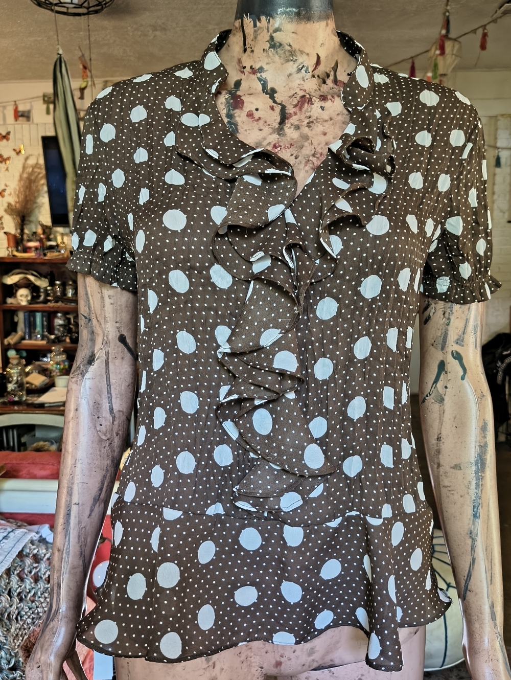Allison Taylor Brown Ruffle Blouse with White Polka Dots
